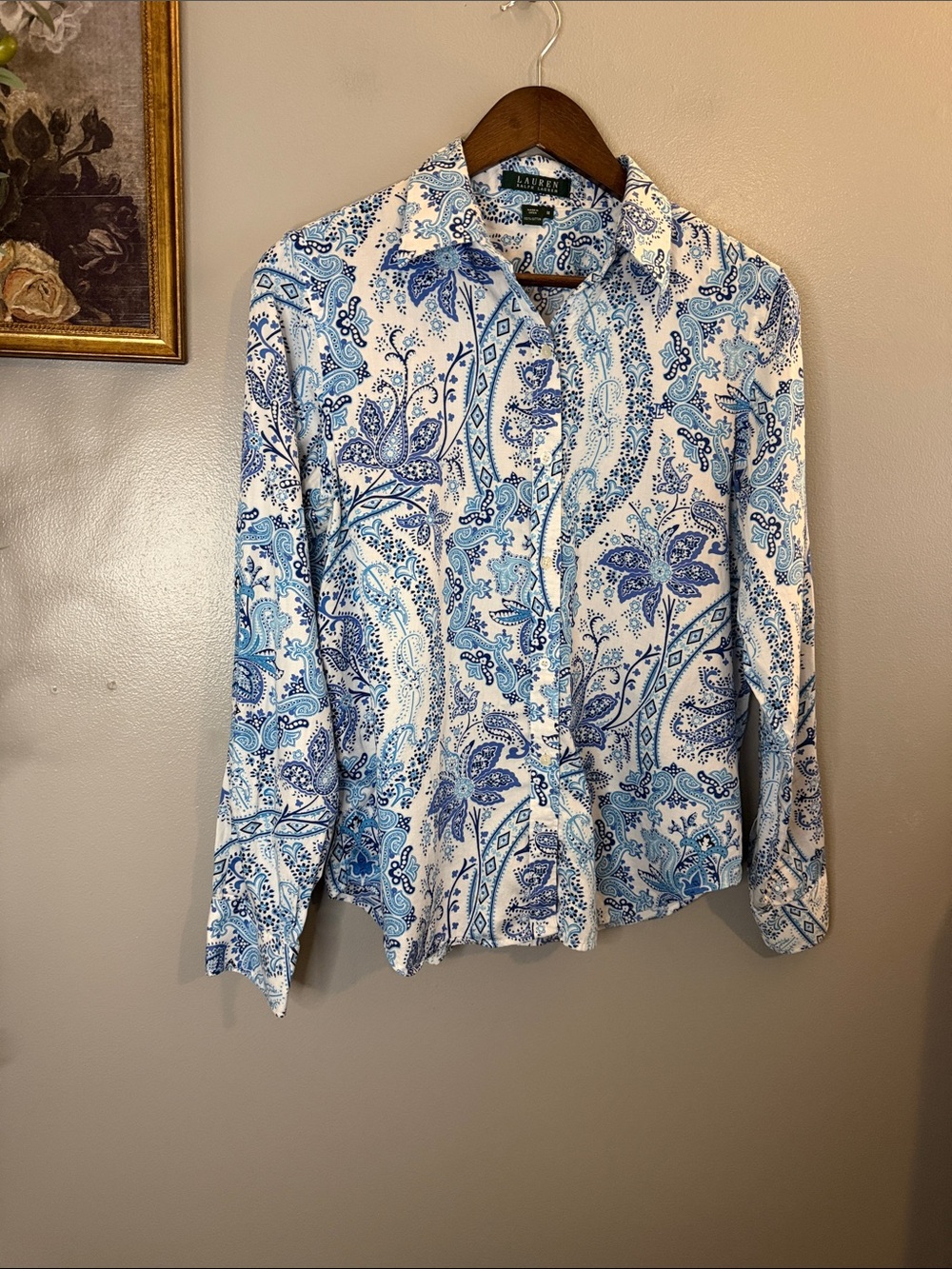 Lauren Ralph Lauren Paisley Button Down Shirt Blue White Cotton M - Picture 6 of 8